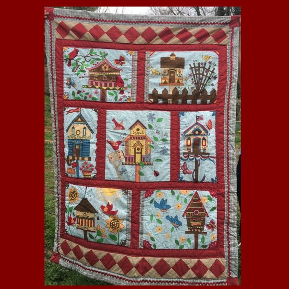 Quilt Comforter Wall Hanging 50in X 68in Nature Bird House Butterfly Sunflower - Picture 1 of 2